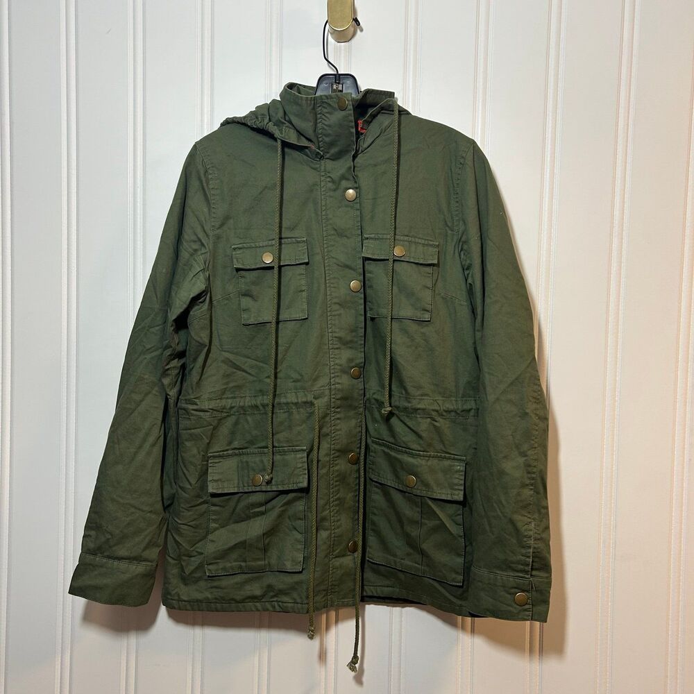 Market & Spruce Olive Green Utility Jacket – Hooded Cotton Anorak with Pockets